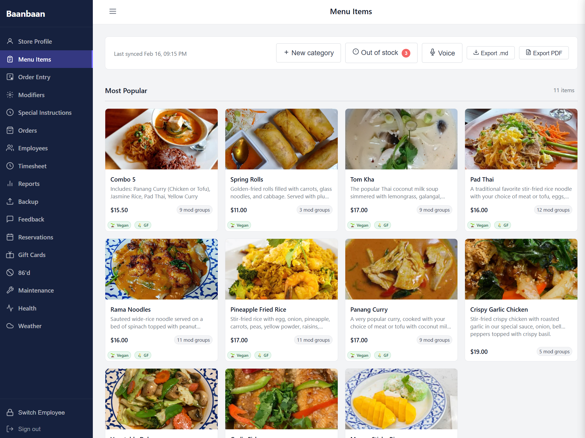 Menu Items list