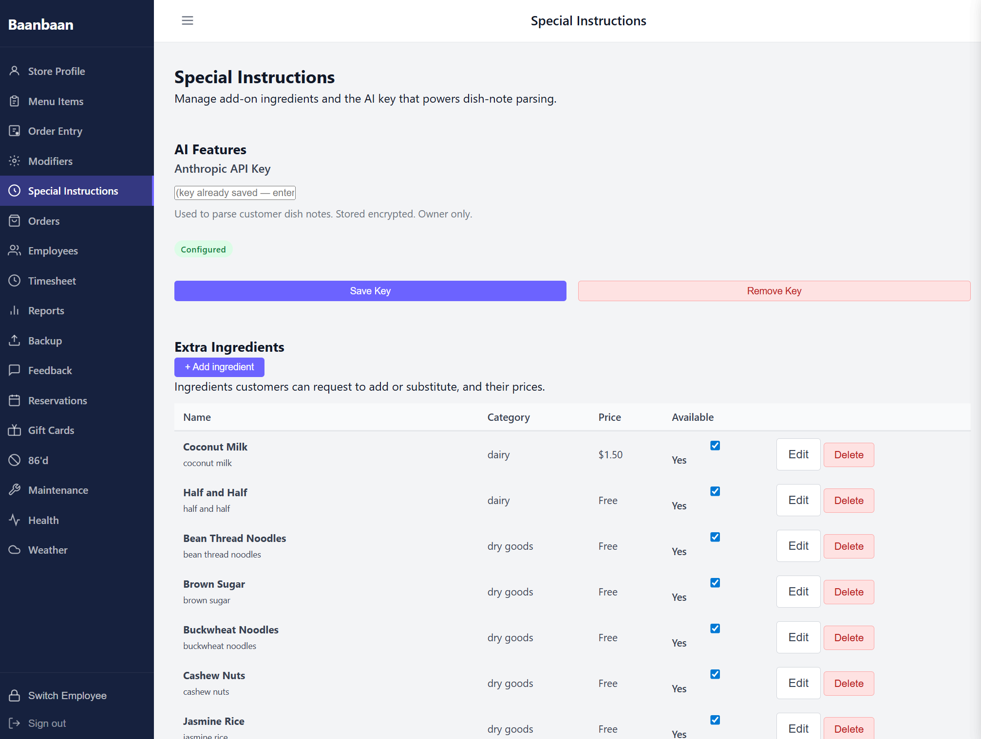 Special Instructions — AI key and Extra Ingredients