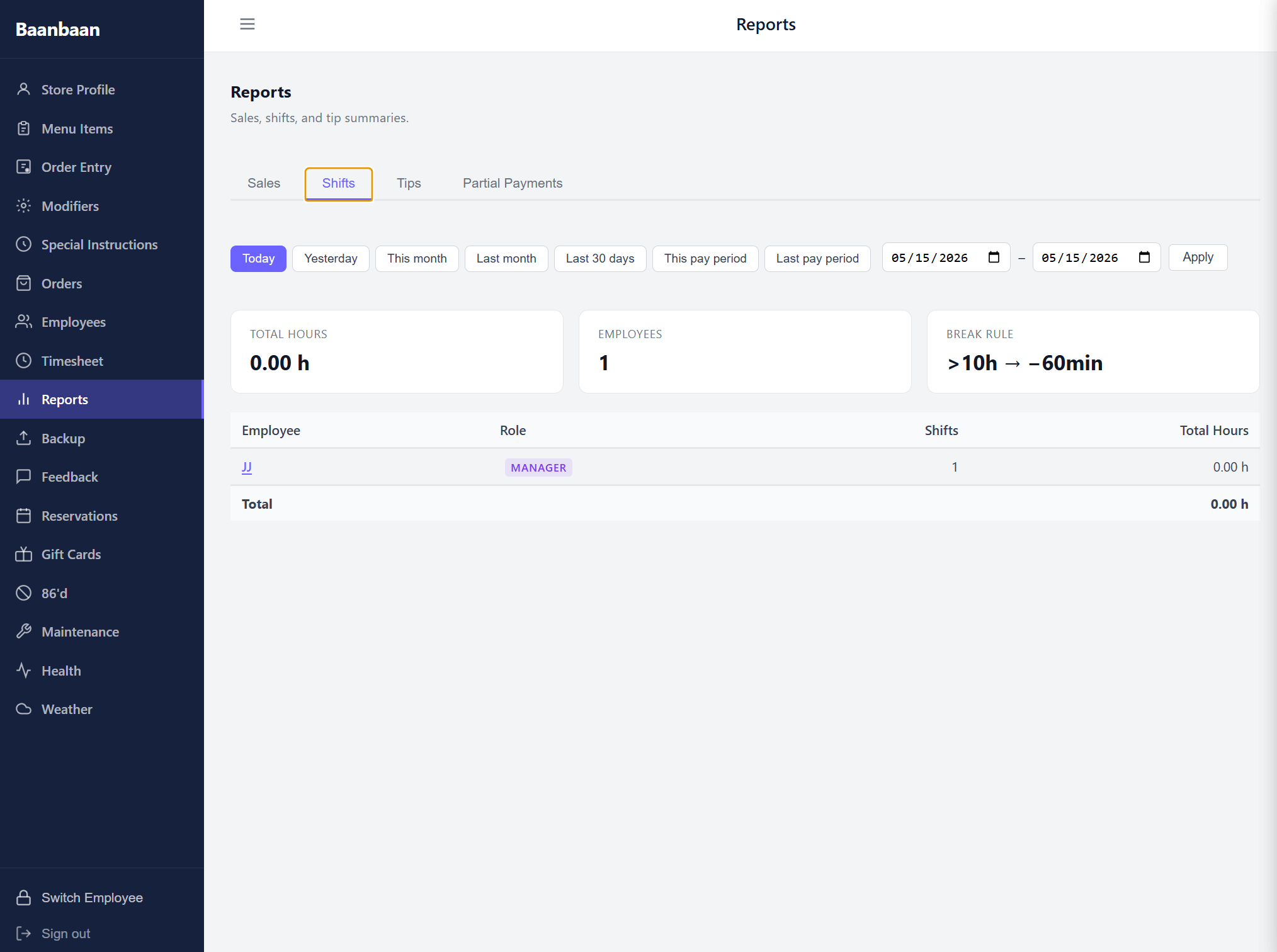 Reports — Shifts tab