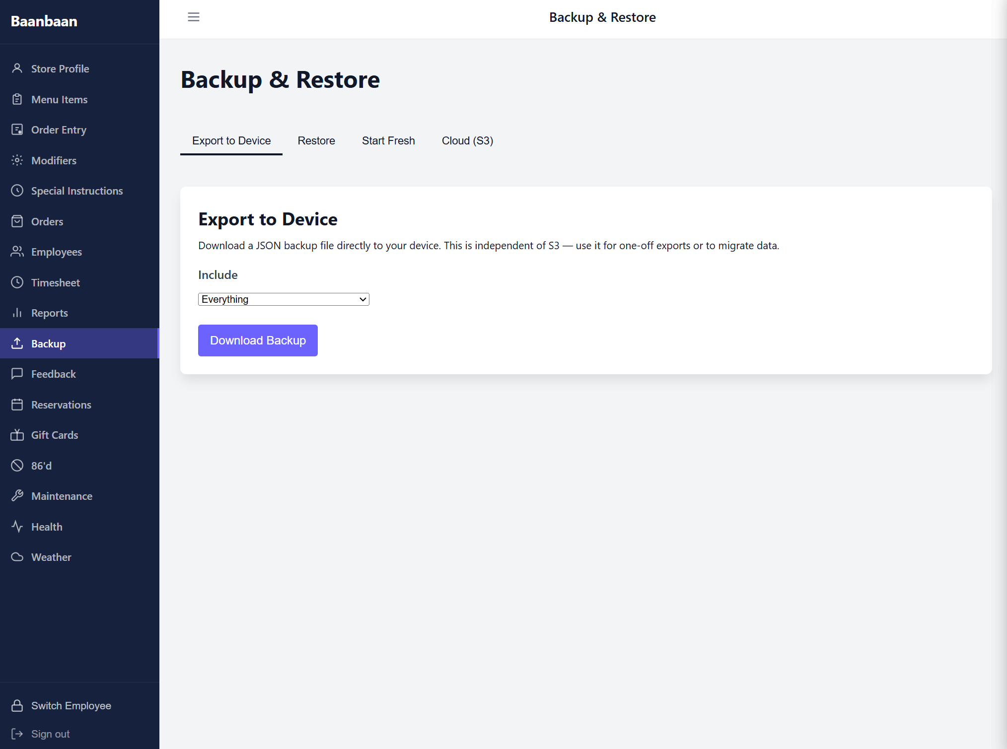 Backup & Restore — Export to Device