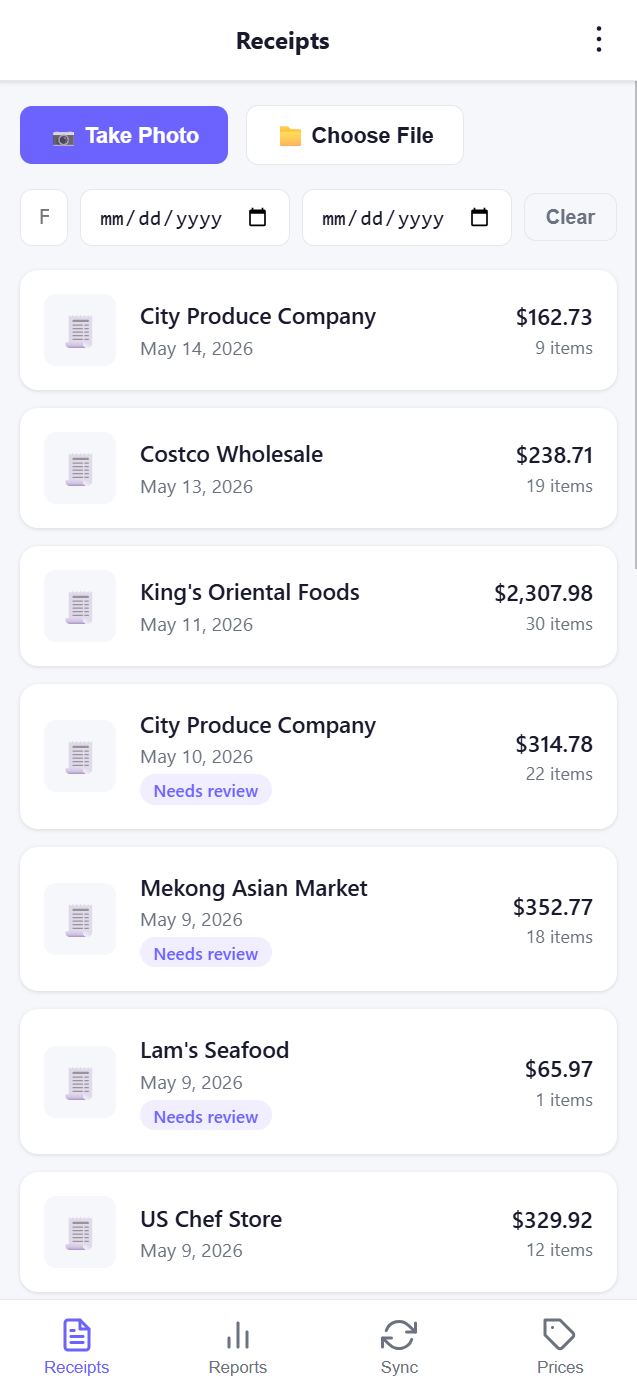 Receipts list